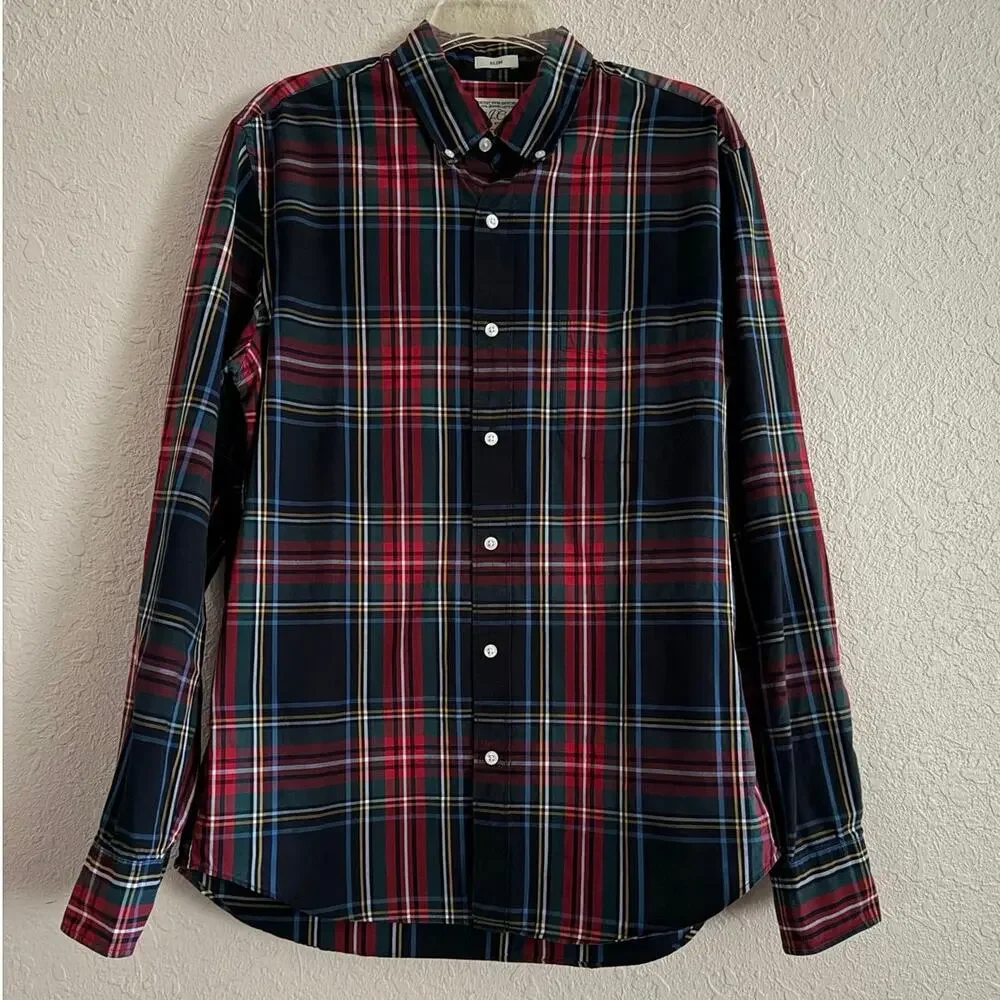 J Crew Holiday Tartan Shirt Mens Size M Organic Cotton Stretch Slim Plaid Work